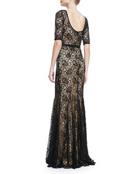 Theia Elbow Sleeve Lace Overlay Mermaid Gown