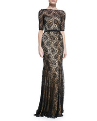 Theia Elbow Sleeve Lace Overlay Mermaid Gown