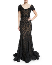 Marchesa Embroidered Ribbon Lace Gown Black