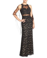 Betsy & Adam Illusion Embellished Lace Gown Shawl