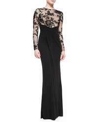 David Meister Long Sleeve Illusion Lace Gown Black