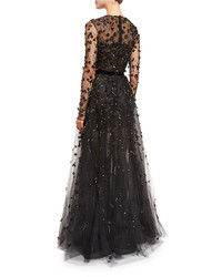 Oscar de la Renta Long Sleeve Illusion Lace Taffeta Gown Black