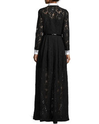 Carmen Marc Valvo Long Sleeve Lace Belted Gown