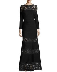 Tadashi Shoji Long Sleeve Pintucked Lace Trim Gown Black