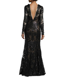 Marchesa Long Sleeve Sequined Lace Gown