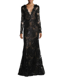Marchesa Long Sleeve Sequined Lace Gown