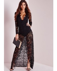 Missguided Plunge Lace Maxi Dress Black
