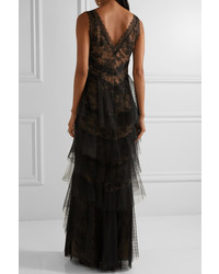 Marchesa Notte Tiered Tulle And Pointe Desprit Paneled Lace Gown Black