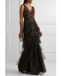 Marchesa Notte Tiered Tulle And Pointe Desprit Paneled Lace Gown Black