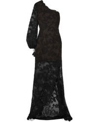Oscar de la Renta One Shoulder Tasseled Corded Lace Gown