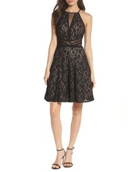 Morgan & Co. Sheer Inset Lace Fit Flare Dress