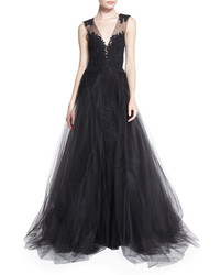 Monique Lhuillier Sleeveless Lace Illusion Gown Black