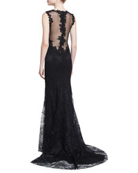 Monique Lhuillier Sleeveless Lace Illusion Gown Black