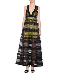 Givenchy Sleeveless V Neck Tiered Lace Gown Blackyellow