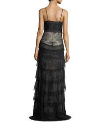 Haute Hippie Tiered Lace V Neck Sleeveless Column Evening Gown