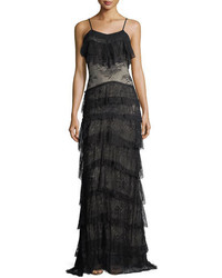 Haute Hippie Tiered Lace V Neck Sleeveless Column Evening Gown