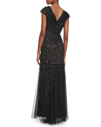 Tadashi Shoji V Neck Lace And Tulle Gown