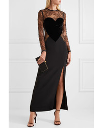 Elie Saab Velvet Appliqud Lace And Crepe Gown Black