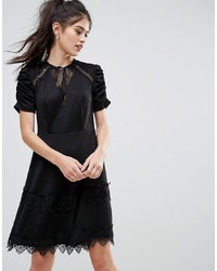 Club L Detailed Crochet Lace Skater Dress With Puff Detailed Sleeves