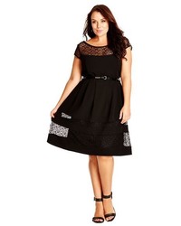 City Chic Fit Flare Dress With Delicate Lace Insets