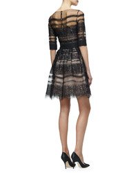 Carolina Herrera Half Sleeve Metallic Lace Fit Flare Dress Blackpurple