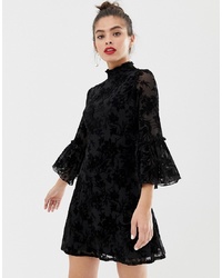 Parisian High Neck Lace Dress With Flare Sleeve