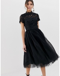 Chi Chi London High Neck Lace Midi Dress With Tulle Skirt In Black