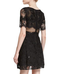 Marchesa Notte Short Sleeve Flared Lace Cocktail Dress