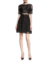 Marchesa Notte Short Sleeve Flared Lace Cocktail Dress