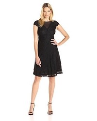 Sangria Short Sleeve Lace Fit And Flare Dress With Mesh Trim