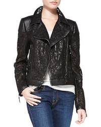 J. Mendel Lace Leather Moto Jacket Noir Black