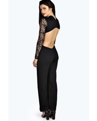 Boohoo Loraine High Neck Lace Sleeve Open Back Jumpsuit