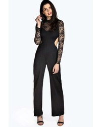 Boohoo Loraine High Neck Lace Sleeve Open Back Jumpsuit