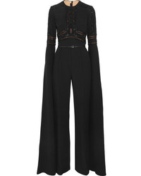 Elie Saab Embellished Lace Paneled Crepe Jumpsuit Black