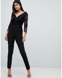 Little Mistress Lace Sleeve Fitted Jumpsuit In Black
