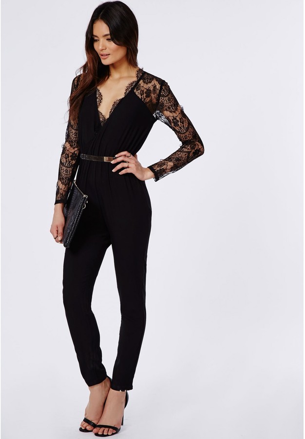 Ende Eksperiment i går Missguided Lace Sleeve Jumpsuit Black, $70 | Missguided | Lookastic