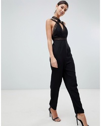 Love Triangle Multi Strap Jumpsuit With Contrast Lace Cross Front In Black