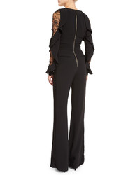 Elie Saab Ruffled Lace Sleeve Crepe Jumpsuit Black