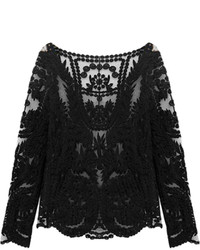 Choies Black Crochet Lace Long Sleeve Top With Mesh Panel