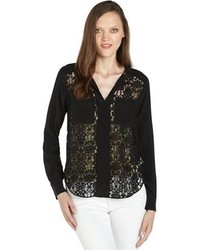 Rebecca Taylor Black Woven Silk And Lace Long Sleeve Blouse