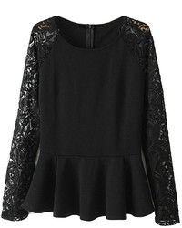 Choies Black Peplum Shirt With Lace Sleeves