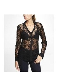 Express Victorian Lace Convertible Sleeve Portofino Shirt Black Small