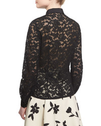 Carolina Herrera Long Sleeve Velvet Trim Lace Blouse Black