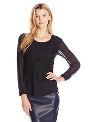 NY Collection Long Sleeve Scoop Neck Lace Blouse
