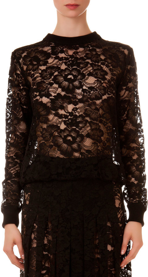 Givenchy Black Lace Favelas Applique Detail Short Sleeve Sheer Top