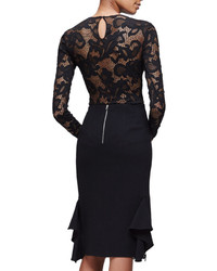 Oscar de la Renta Long Sleeve Floral Lace Pullover Top Black