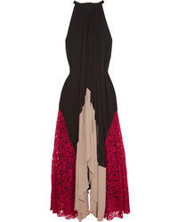 Saloni Iris Lace Paneled Crepe Maxi Dress Black