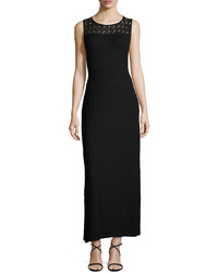 Neiman Marcus Lace Yoke Ribbed Maxi Dress Black