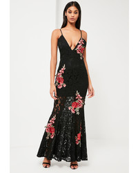 Missguided Black Lace Rose Fishtail Maxi Dress