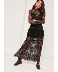 Missguided Lace Frill Detail Maxi Skirt Black